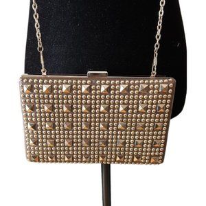MMS tan with gold studs decal square clutch with gold chain strap
